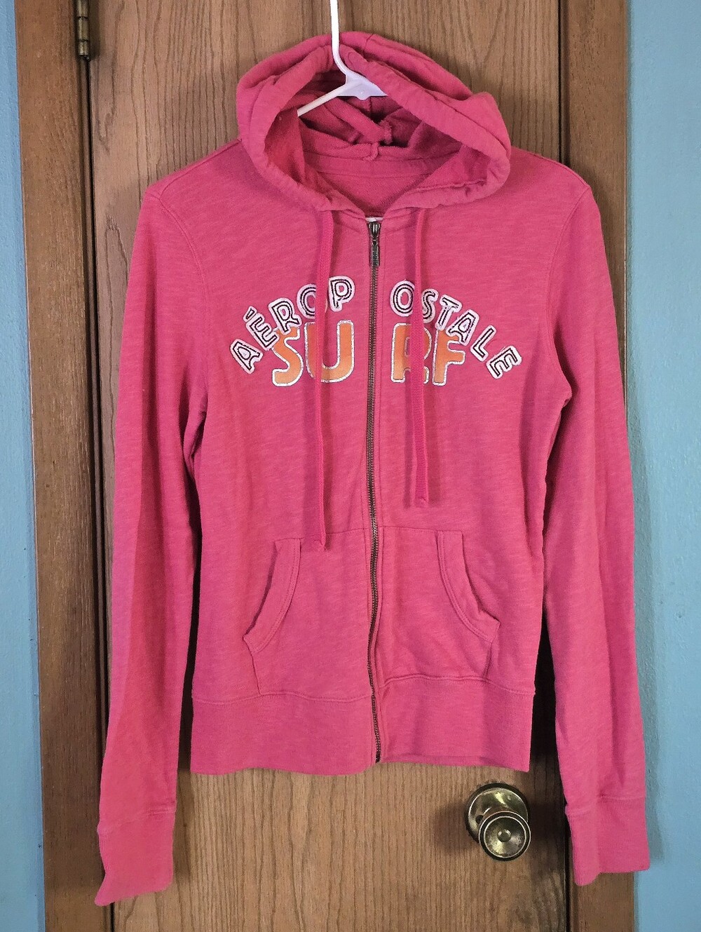 M Pink, White & Orange Zip Up Aeropostale Surf Hoodie - Has Spots